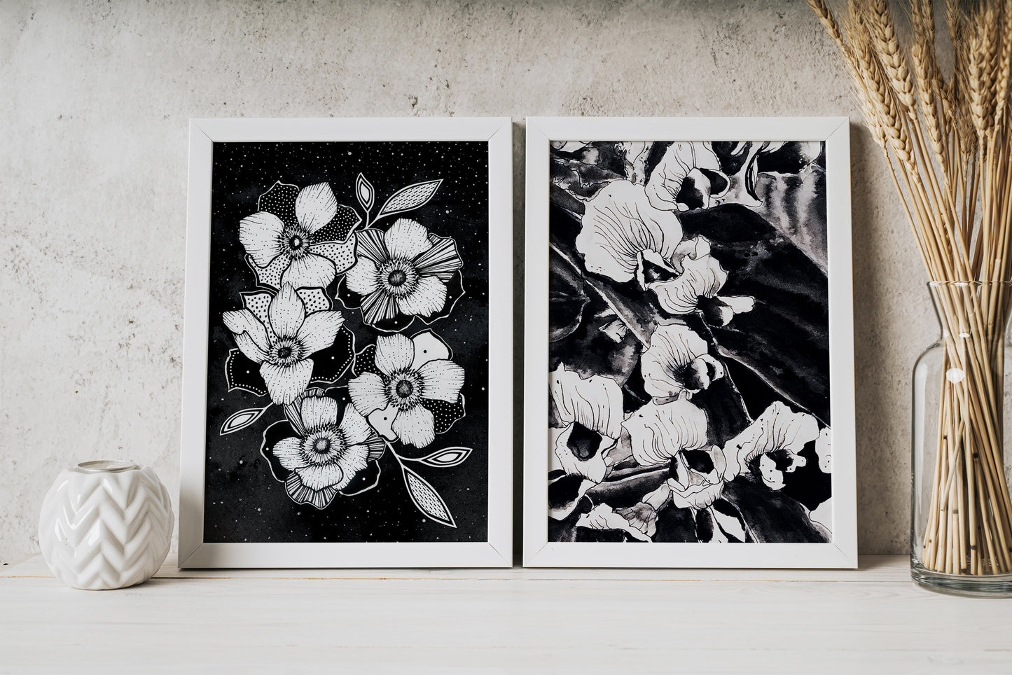 Affiche de fleurs orchidées sauvages, art mural floral noir et blanc