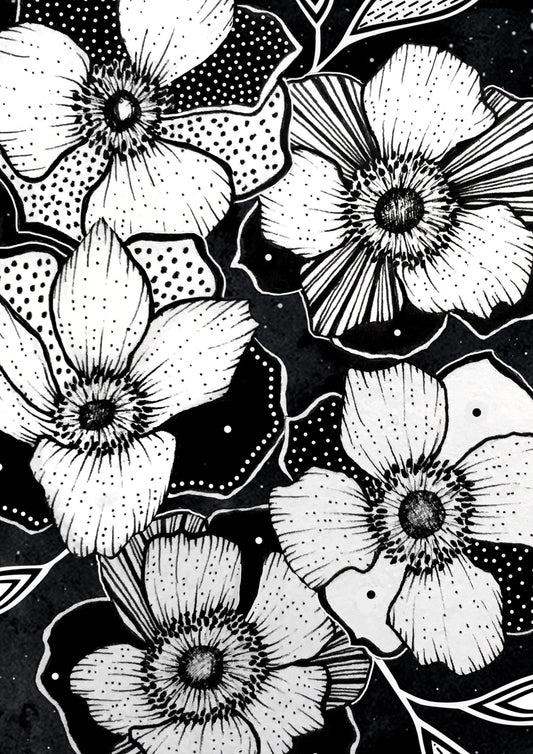 Affiche de fleurs anémones célestes, art mural floral noir et blanc