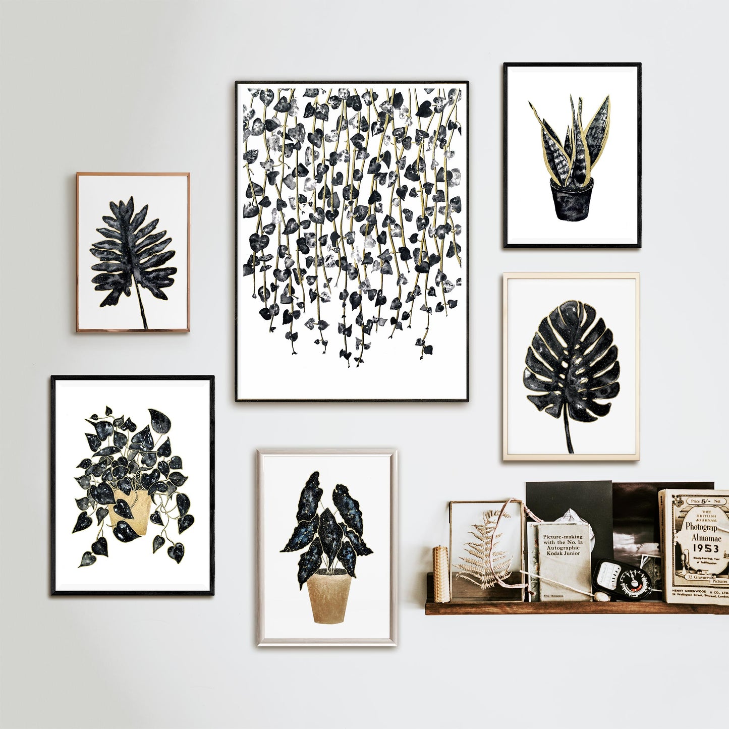 Affiche de plante Chaîne de coeurs, illustration botanique noir et or