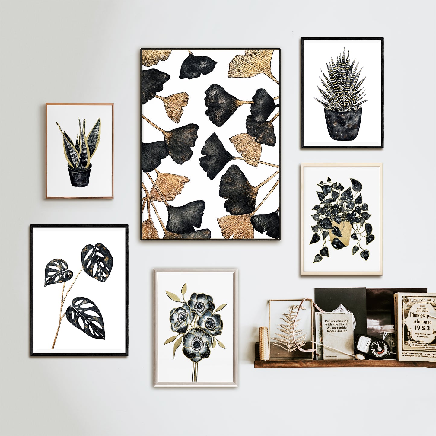 Affiche de Plante Ginkgo noir et or, illustration Botanique