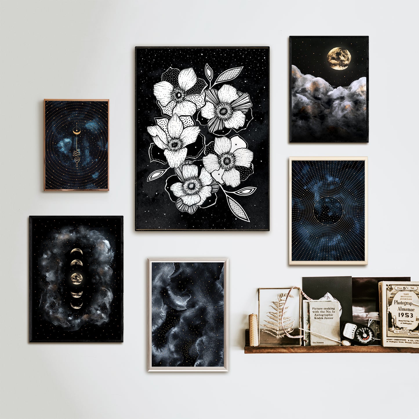 Affiche de fleurs anémones célestes, art mural floral noir et blanc