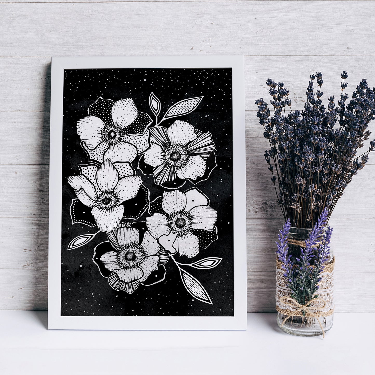 Affiche de fleurs anémones célestes, art mural floral noir et blanc
