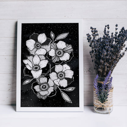 Affiche de fleurs anémones célestes, art mural floral noir et blanc