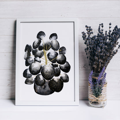 Affiche de plante Pilea, illustration botanique noir et or