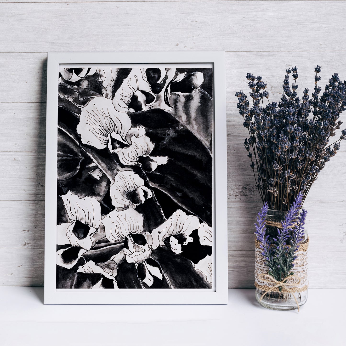 Affiche de fleurs orchidées sauvages, art mural floral noir et blanc