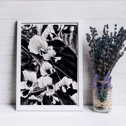 Affiche de fleurs orchidées sauvages, art mural floral noir et blanc