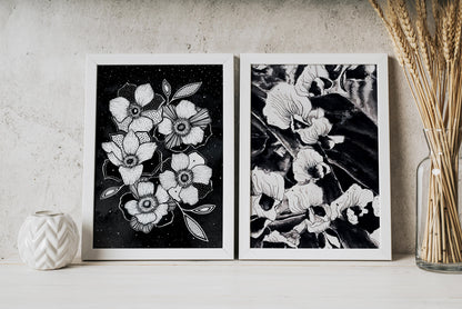 Affiche de fleurs anémones célestes, art mural floral noir et blanc