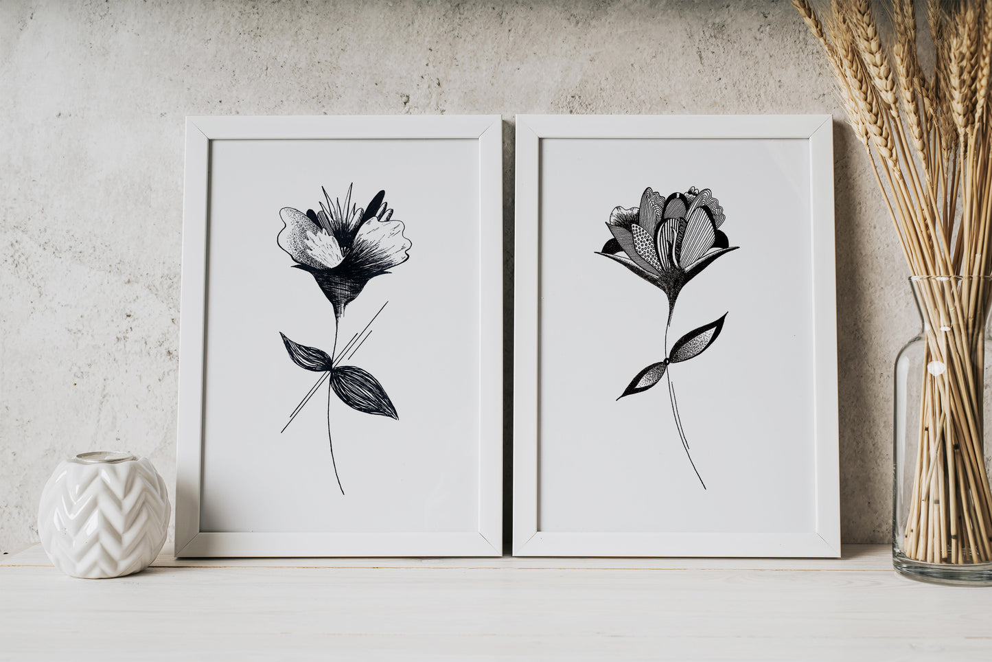 Affiche de fleurs abstraite "Embrace", art mural floral noir et blanc