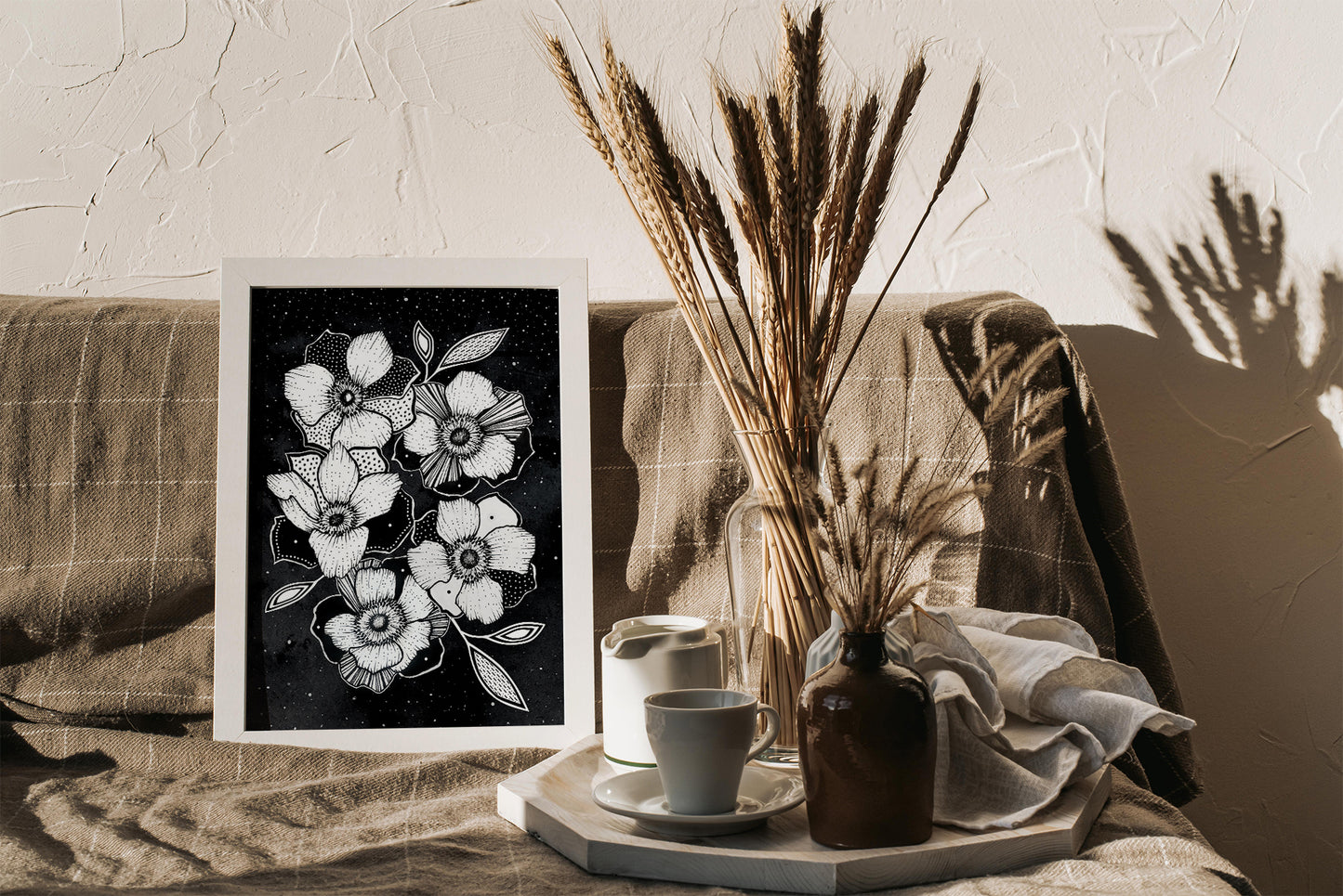 Affiche de fleurs anémones célestes, art mural floral noir et blanc