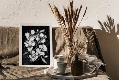 Affiche de fleurs anémones célestes, art mural floral noir et blanc