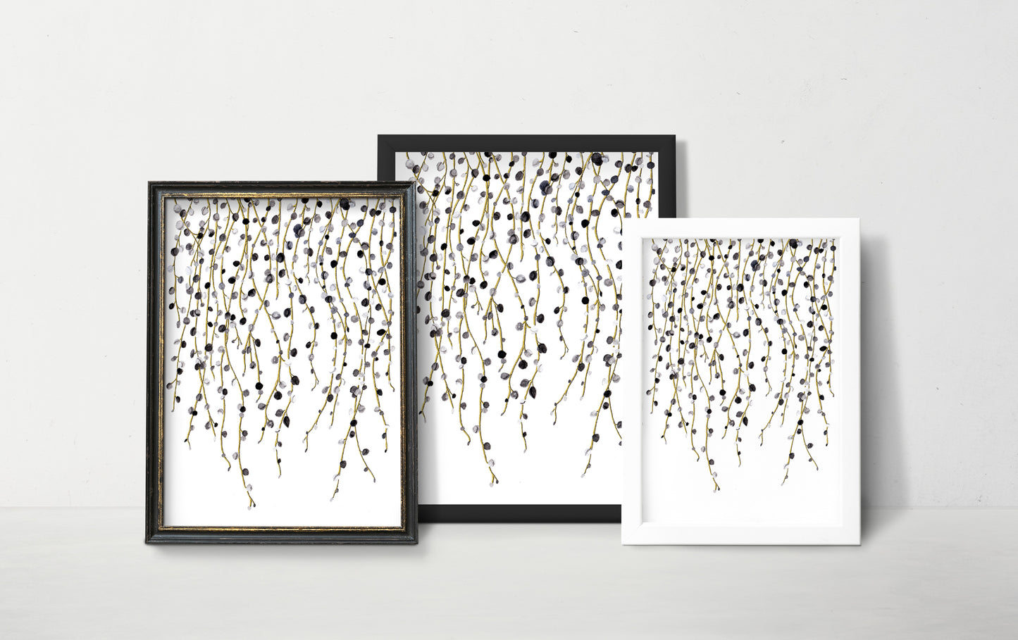 Affiche de plante Chaîne de perles, illustration botanique noir et or