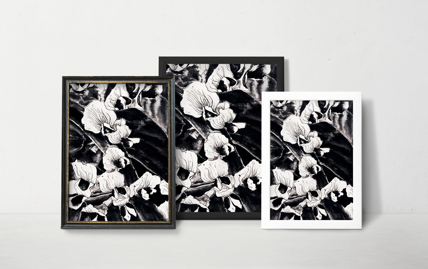Affiche de fleurs orchidées sauvages, art mural floral noir et blanc