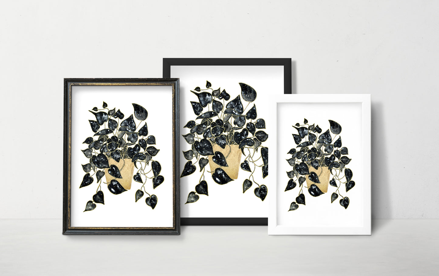 Affiche de plante Pothos, illustration botanique noir et or