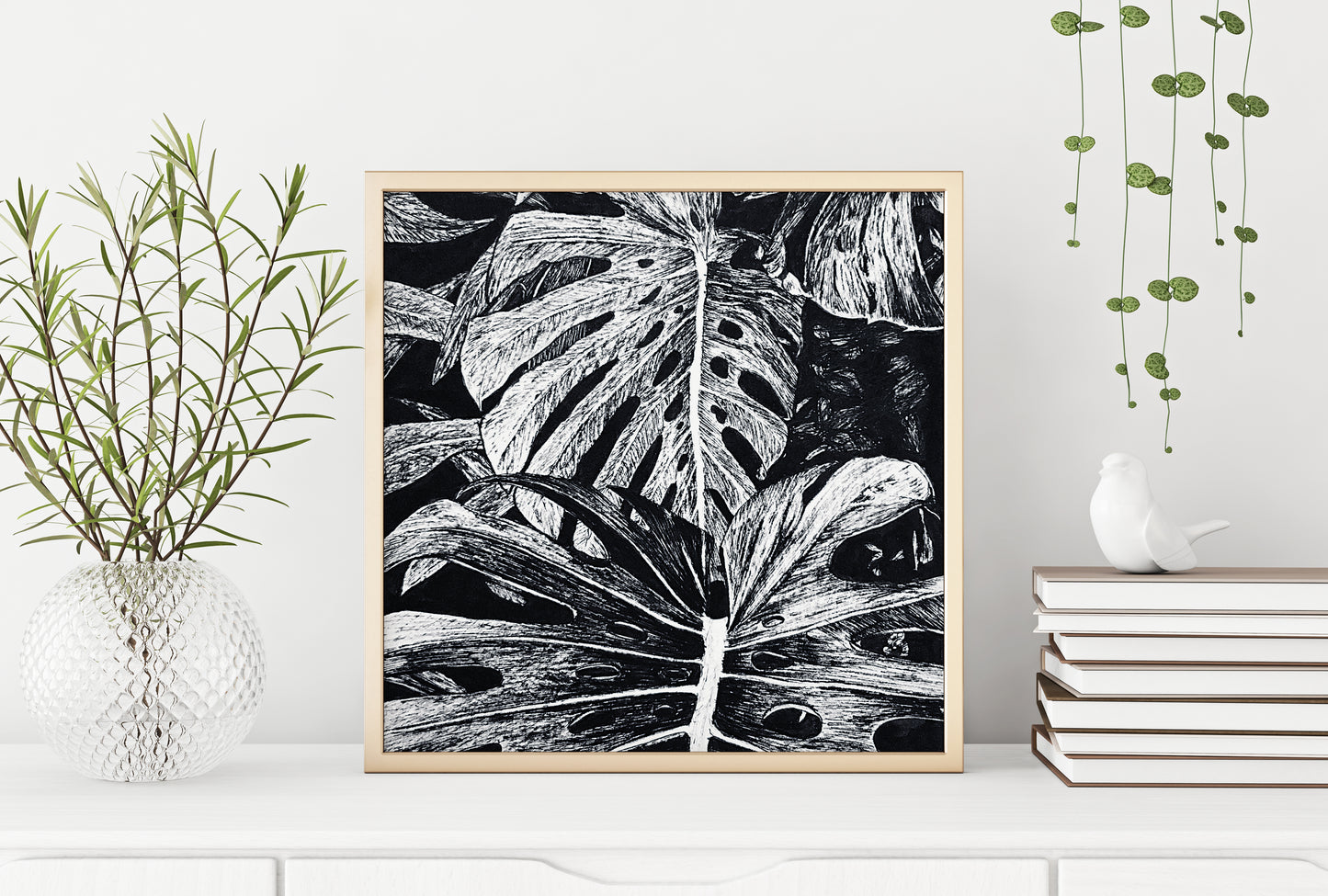 Affiche de plante Pothos, illustration botanique noir et or