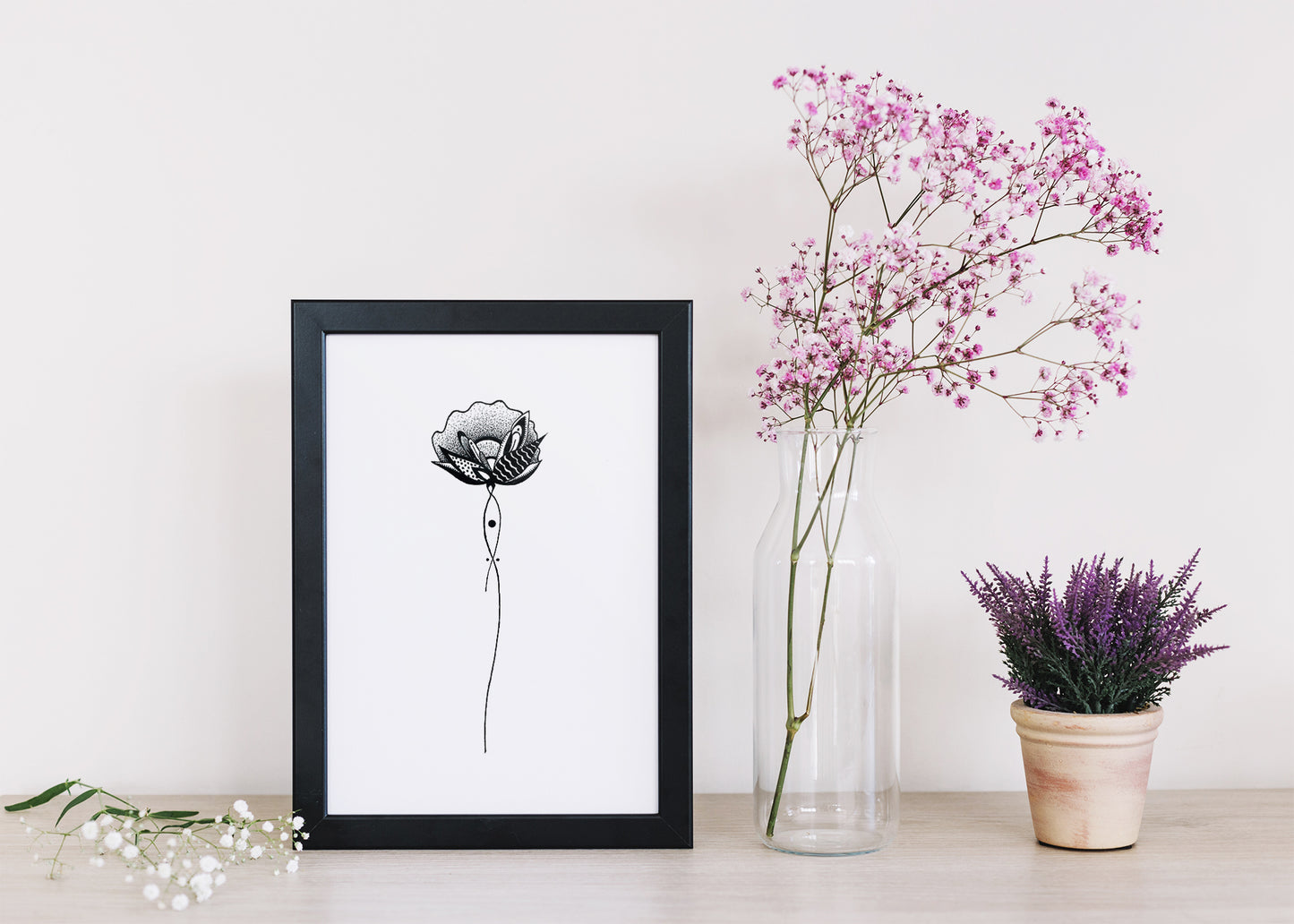 Affiche de fleurs abstraite "Harmony", art mural floral noir et blanc