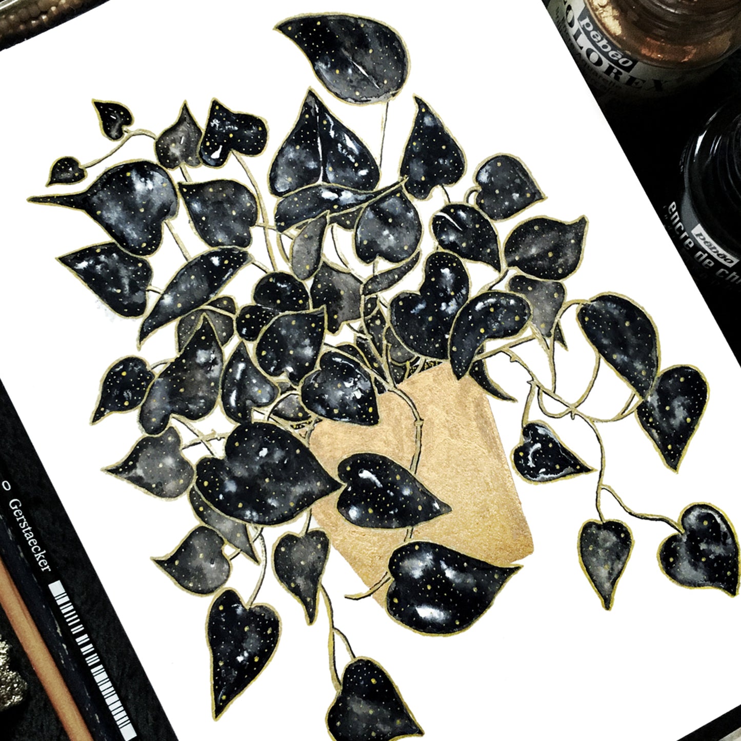 Affiche de plante Pothos, illustration botanique noir et or