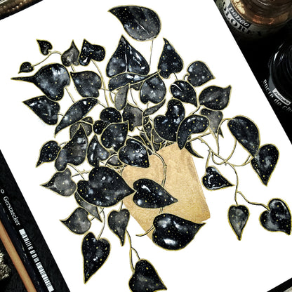 Affiche de plante Pothos, illustration botanique noir et or