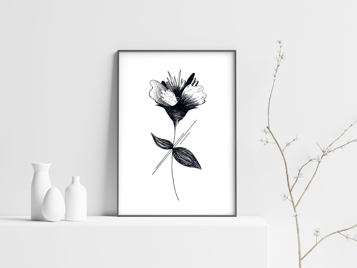 Affiche de fleurs abstraite 'Growth", art mural floral noir et blanc