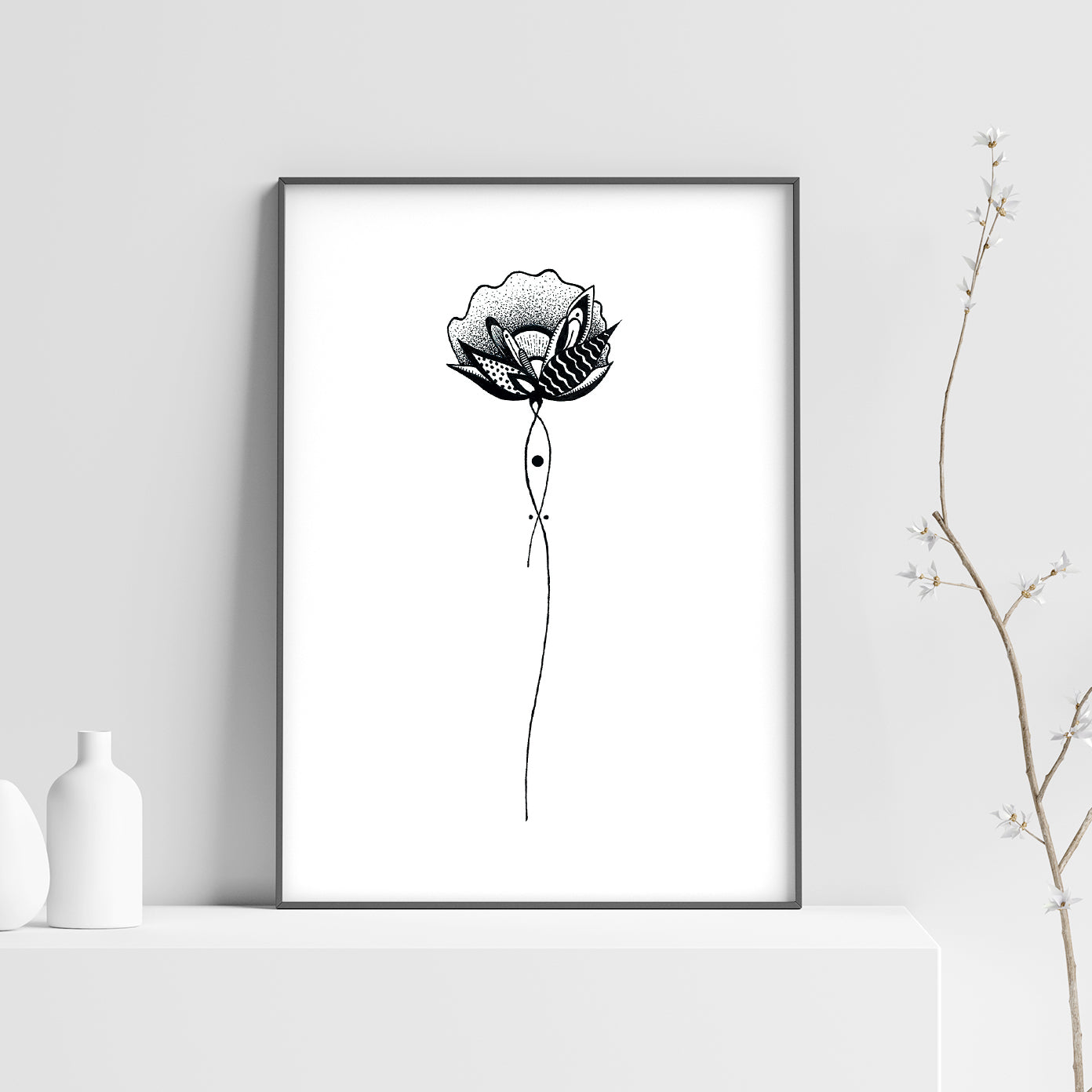 Affiche de fleurs abstraite "Harmony", art mural floral noir et blanc