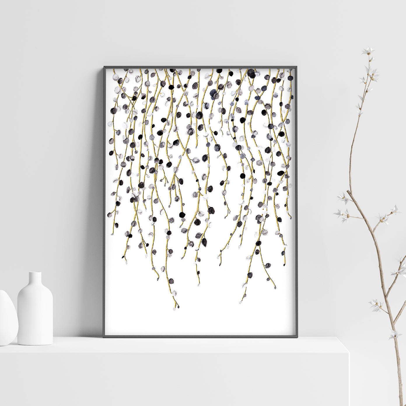 Affiche de plante Chaîne de perles, illustration botanique noir et or