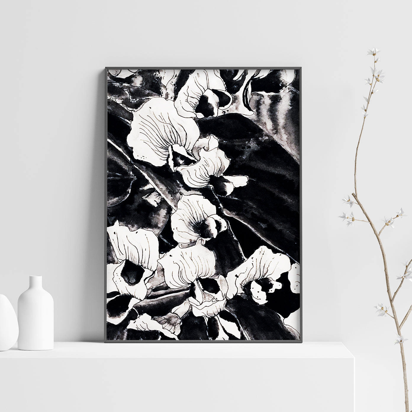 Affiche de fleurs orchidées sauvages, art mural floral noir et blanc