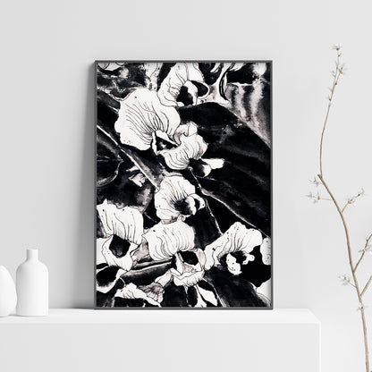 Affiche de fleurs orchidées sauvages, art mural floral noir et blanc