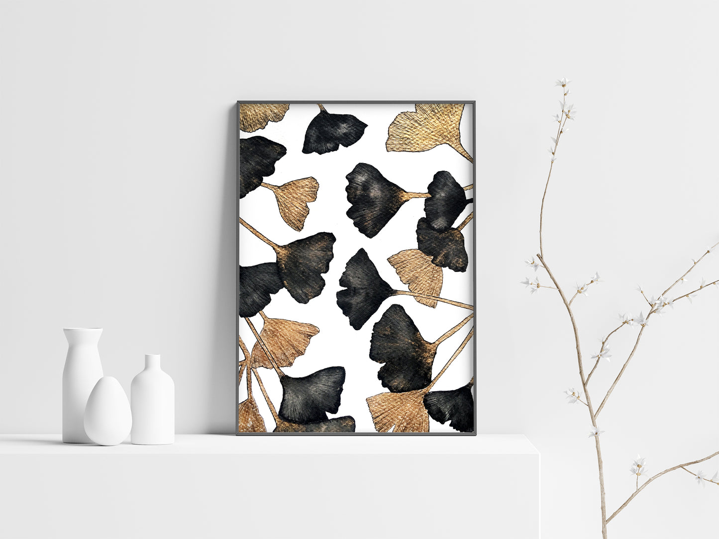 Affiche de Plante Ginkgo noir et or, illustration Botanique