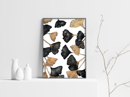 Affiche de Plante Ginkgo noir et or, illustration Botanique