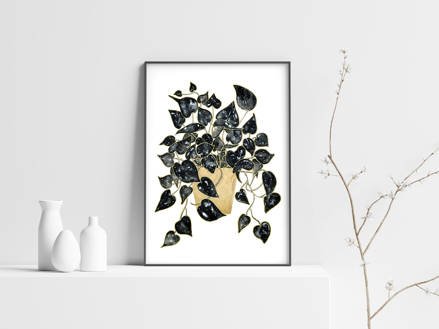 Affiche de plante Pothos, illustration botanique noir et or