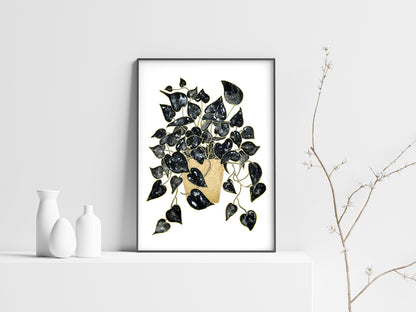 Affiche de plante Pothos, illustration botanique noir et or