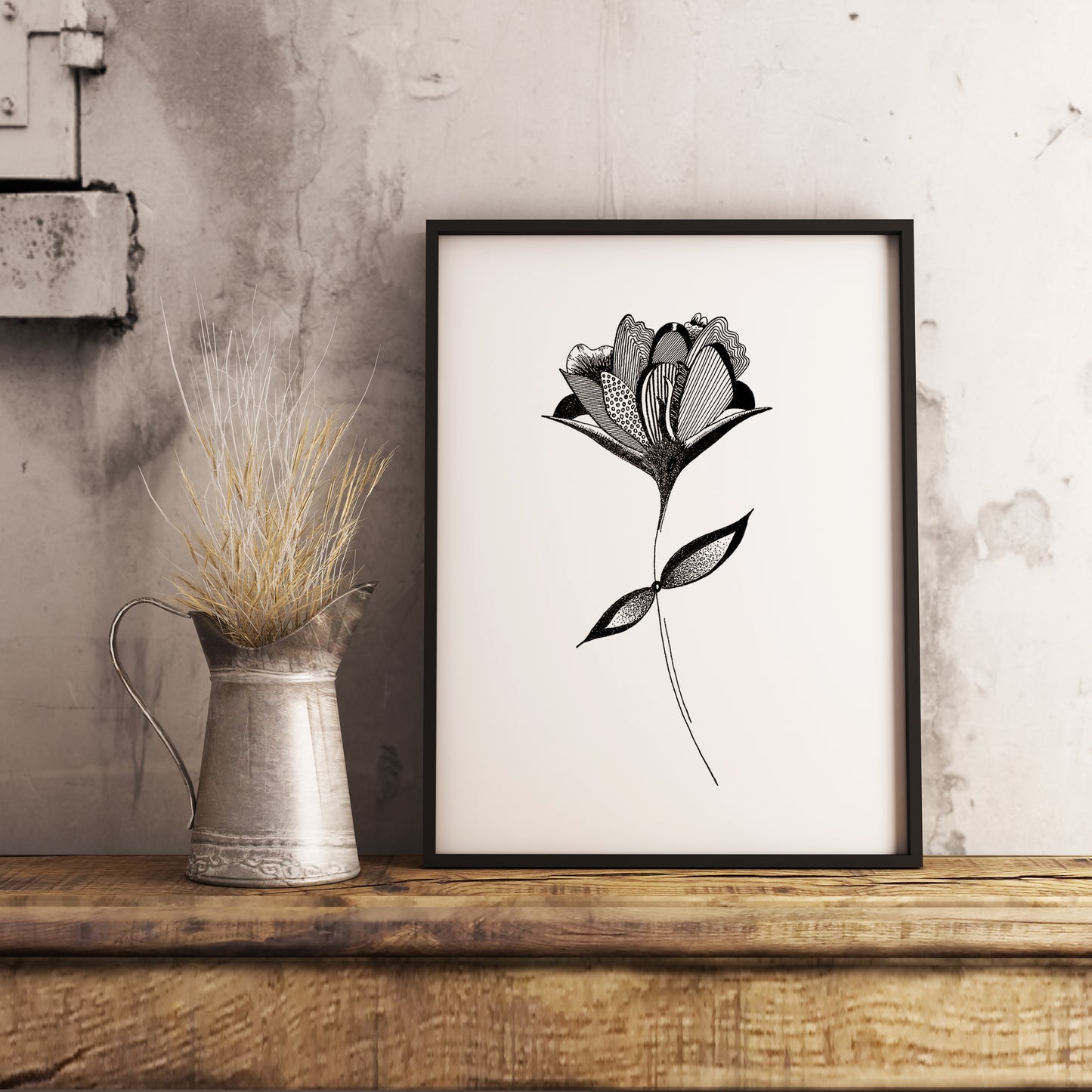 Affiche de fleurs abstraite "Embrace", art mural floral noir et blanc