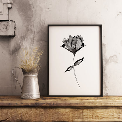 Affiche de fleurs abstraite "Embrace", art mural floral noir et blanc