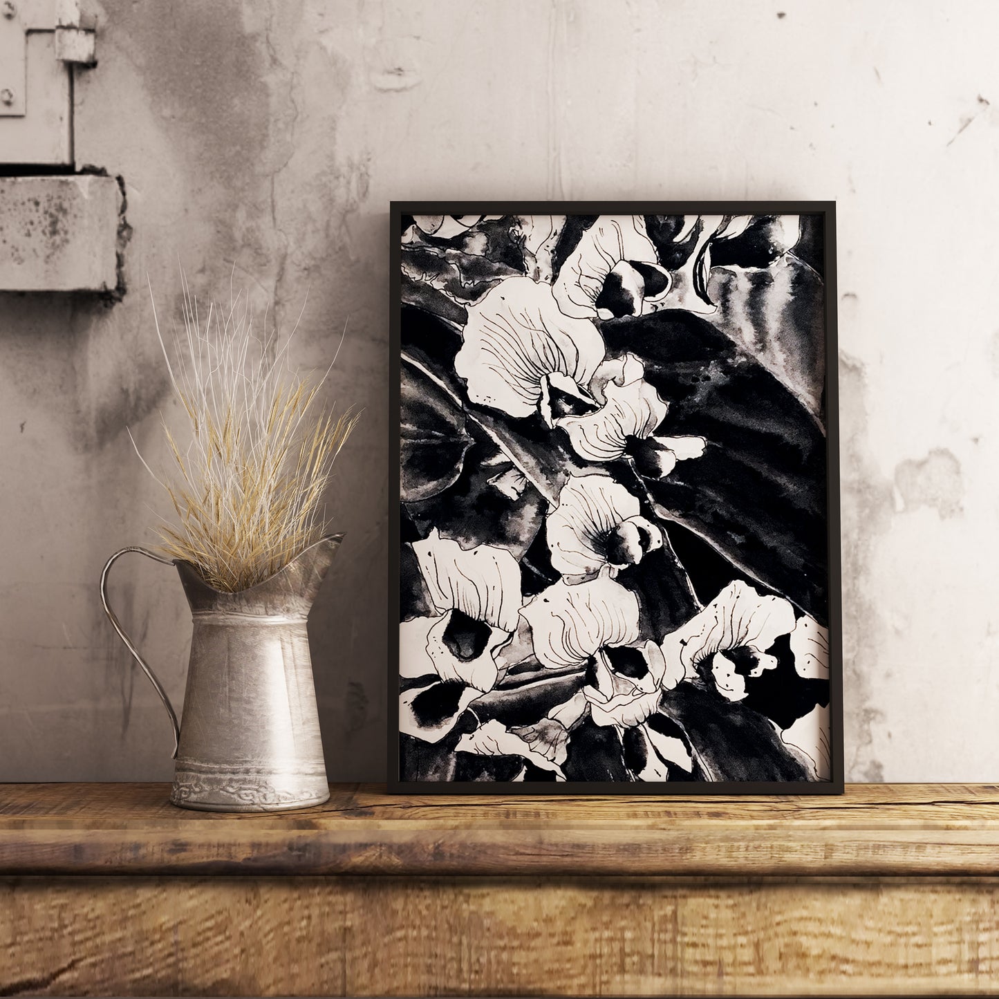 Affiche de fleurs orchidées sauvages, art mural floral noir et blanc