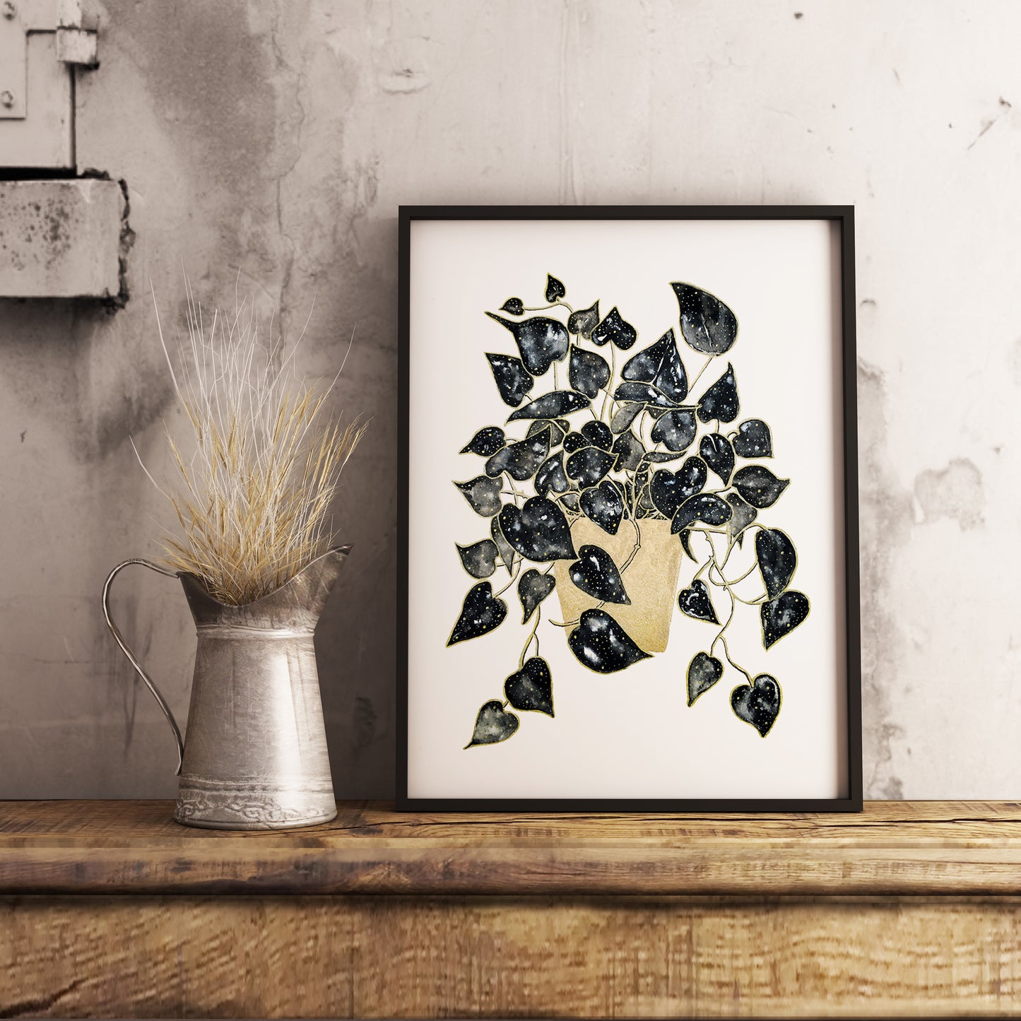 Affiche de plante Pothos, illustration botanique noir et or