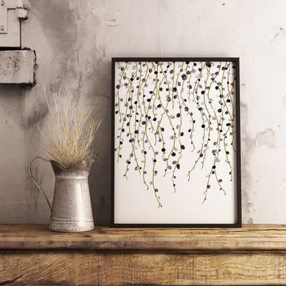 Affiche de plante Chaîne de perles, illustration botanique noir et or