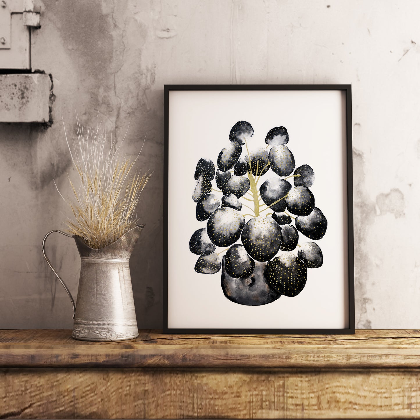 Affiche de plante Pilea, illustration botanique noir et or