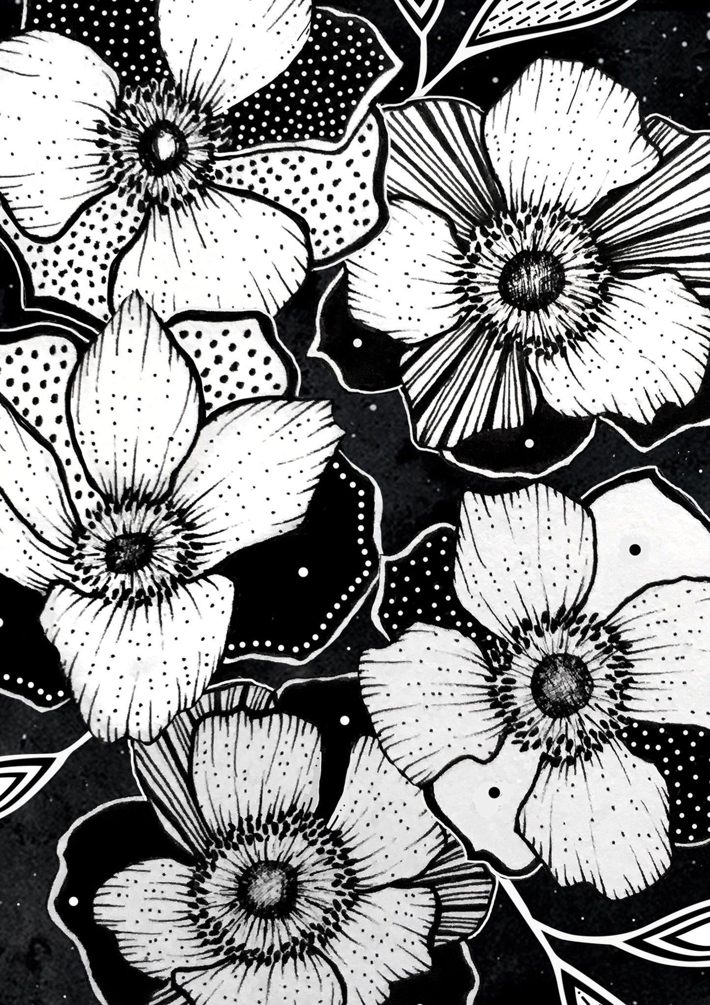 Affiche de fleurs anémones célestes, art mural floral noir et blanc