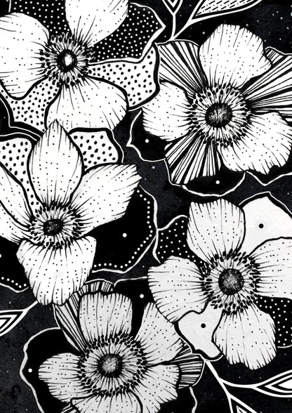 Affiche de fleurs anémones célestes, art mural floral noir et blanc