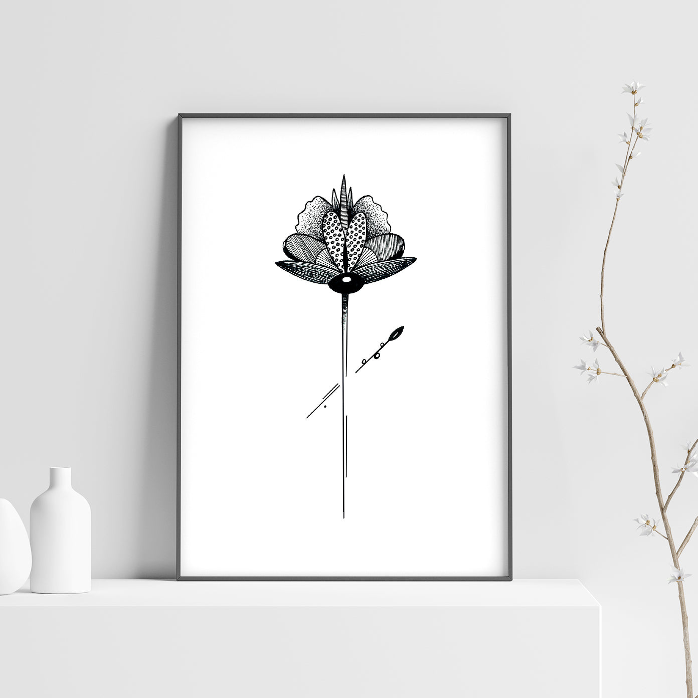 Affiche de fleur abstraite "Rejoice", art mural floral noir et blanc