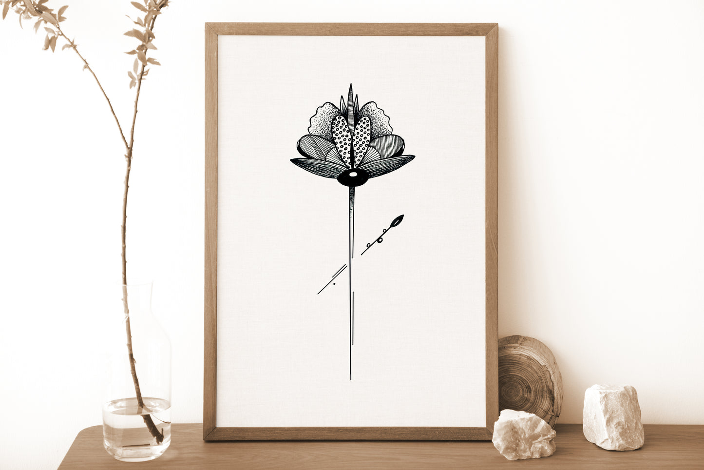 Affiche de fleur abstraite "Rejoice", art mural floral noir et blanc