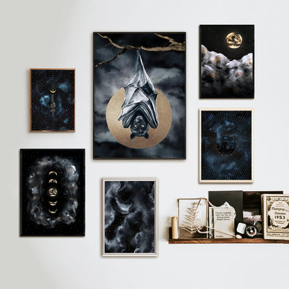 Affiche de Chauve-Souris et Pleine Lune Dorée