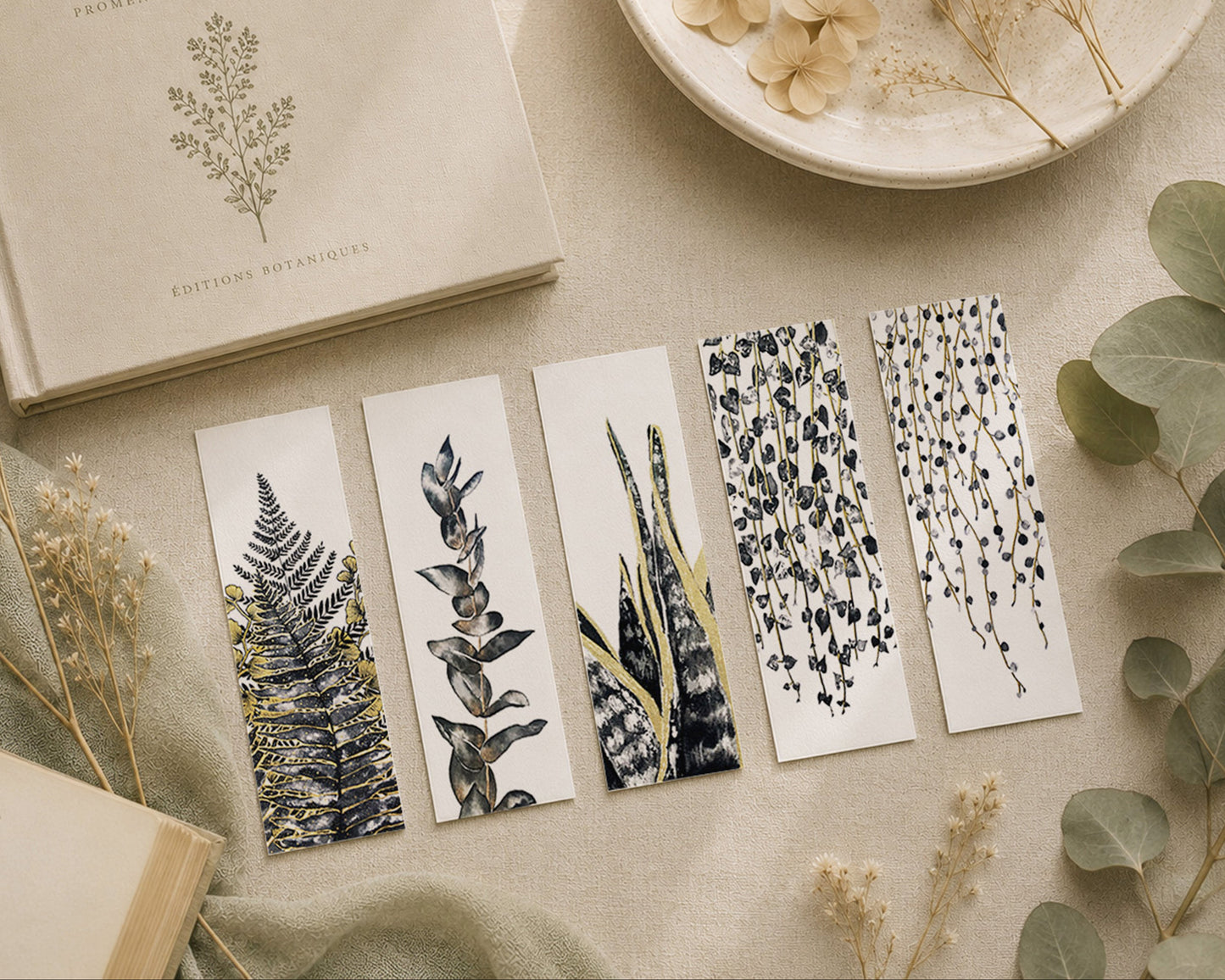 Marque Pages botaniques de plantes noir et or