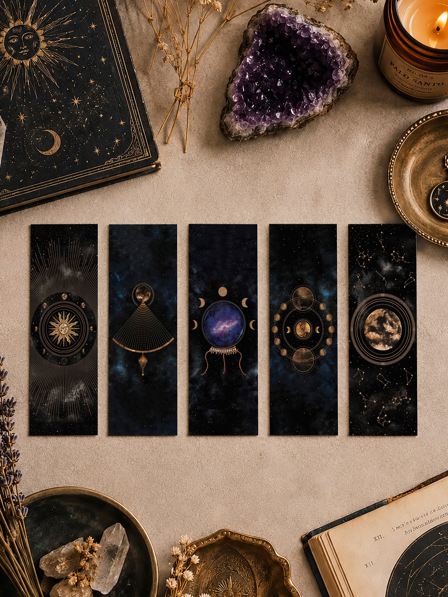 Marque Pages Célestes et witchy, Lunes Soleil Boule cristal