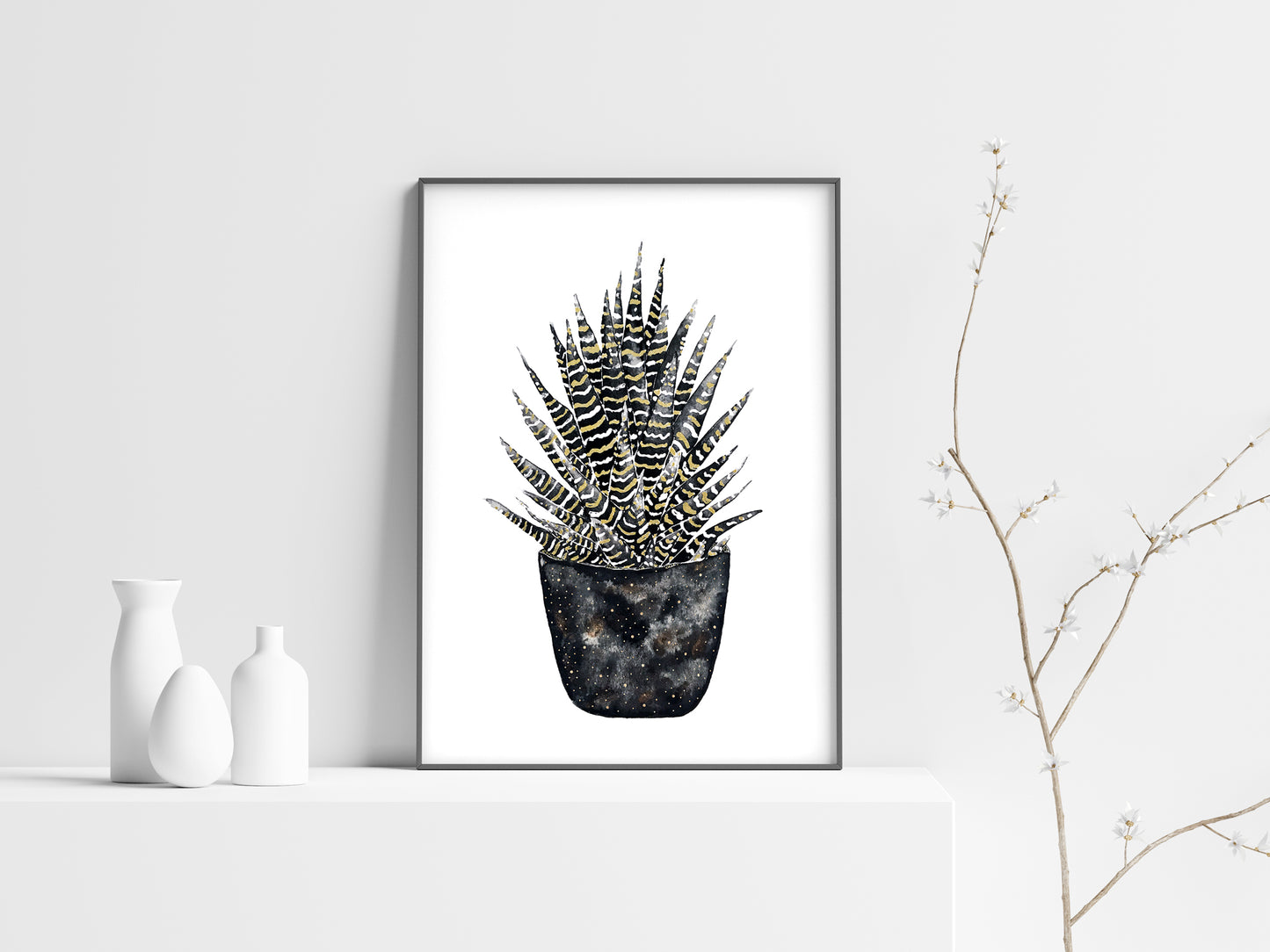 Affiche de plante Sansevieria, illustration botanique noir et or
