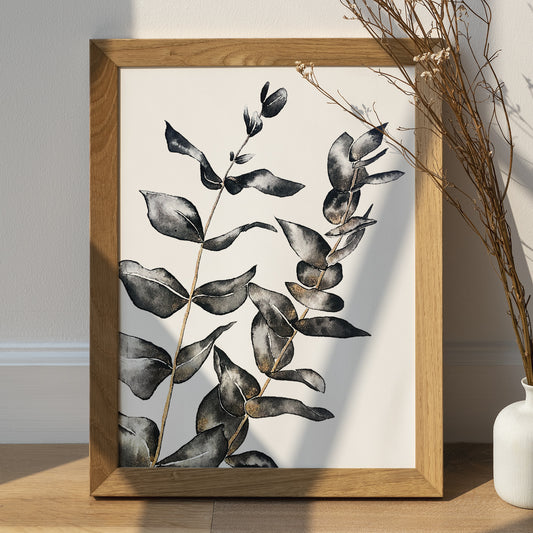 Affiche de plante Eucalyptus, illustration botanique noir et or
