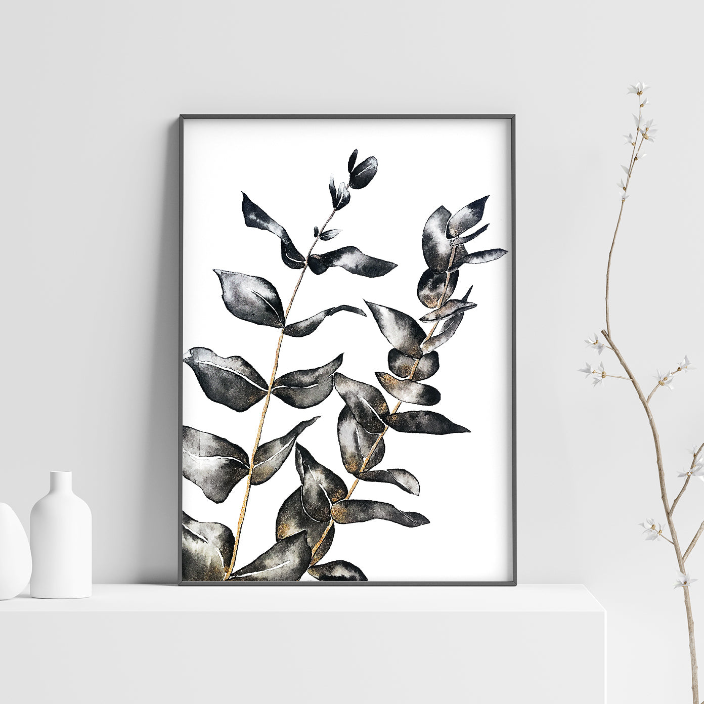 Affiche de plante Eucalyptus, illustration botanique noir et or