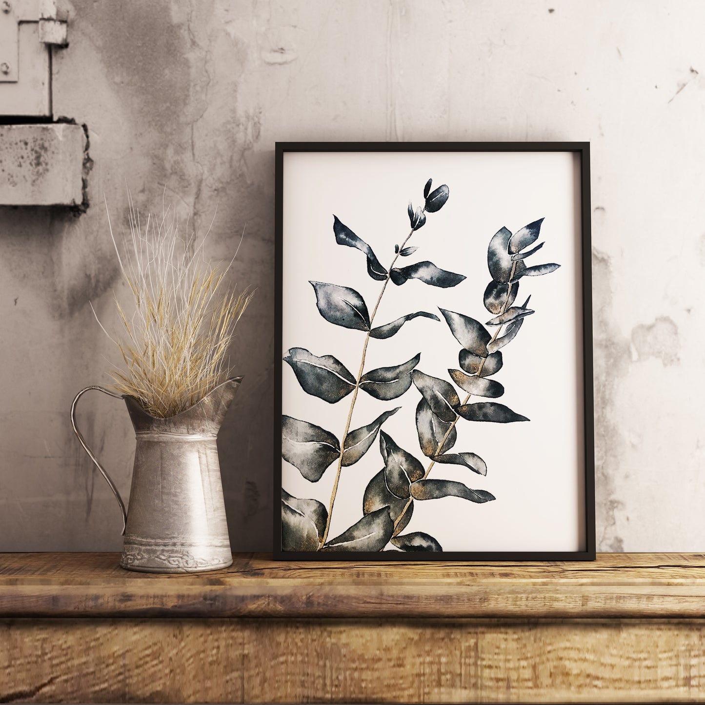 Affiche de plante Eucalyptus, illustration botanique noir et or