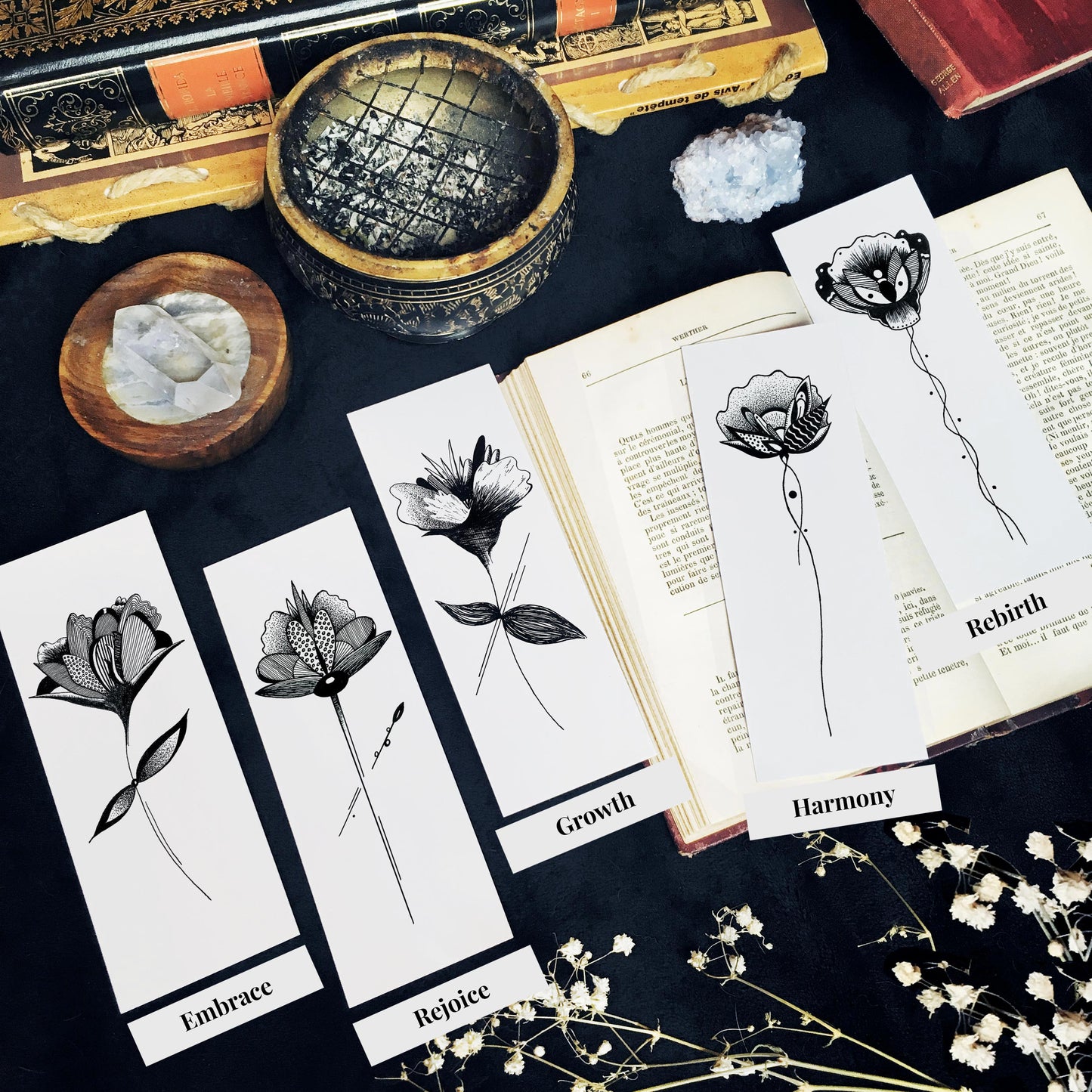 Marque Pages botaniques de plantes noir et or