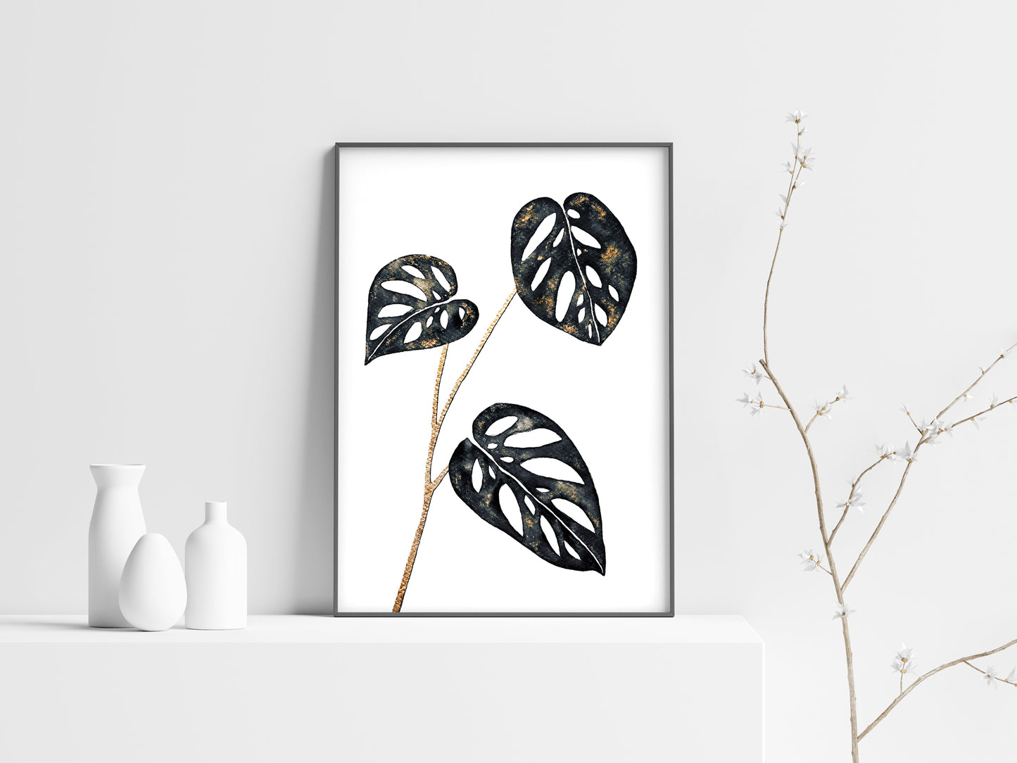 Affiche de Plante Monstera Adansonii noir et or, illustration Botanique