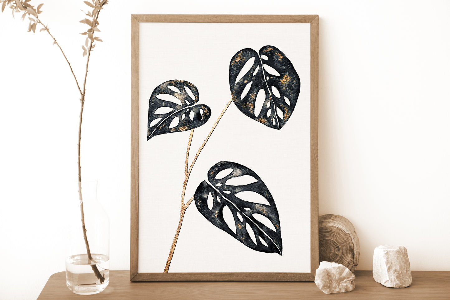Affiche de Plante Monstera Adansonii noir et or, illustration Botanique